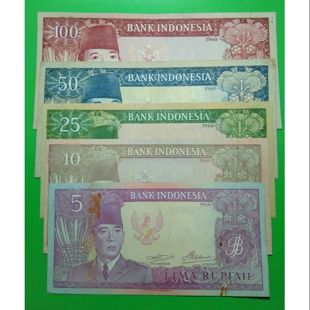 US007 UANG KUNO ASLI 1 SET SERI SOEKARNO/SUKARNO TAHUN 1960 TOTAL 5 LEMBAR KOLEKSI UANG LAMA #SETUNC