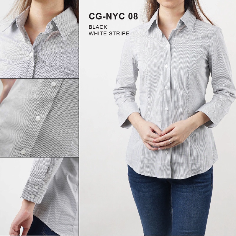 Kemeja Wanita Formal Full Kancing Lengan 7/8 Motif Stripe Katun Twill Stretch-2