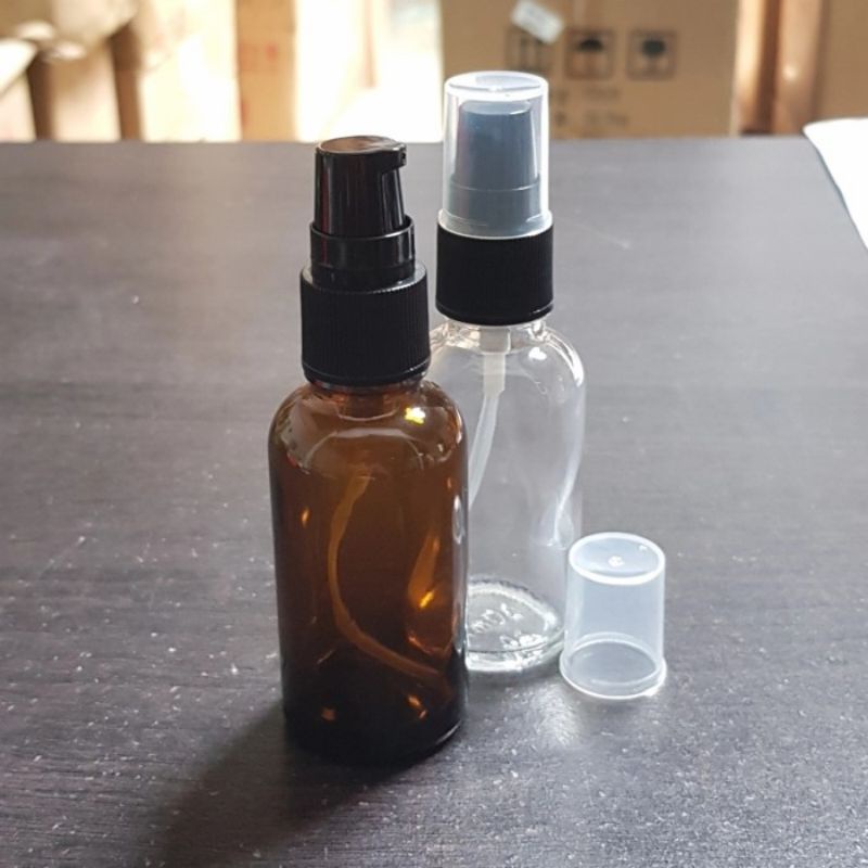 botol kaca 30ml pump hitam / botol kaca 30ml amber treatment pump