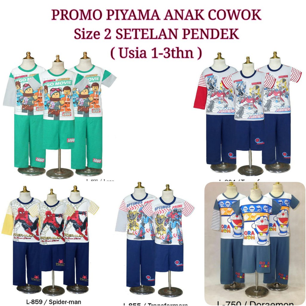 Piyama Baju Tidur Setelan Pendek Kartun Robot Super Hero Anak Cowo Size 2 dan 4