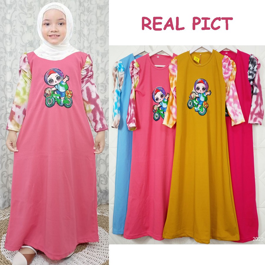 DRESS ANAK LENGAN KERUT TIE DYE GAMIS GAMBAR ANAK SEPEDAAN GL FASHION