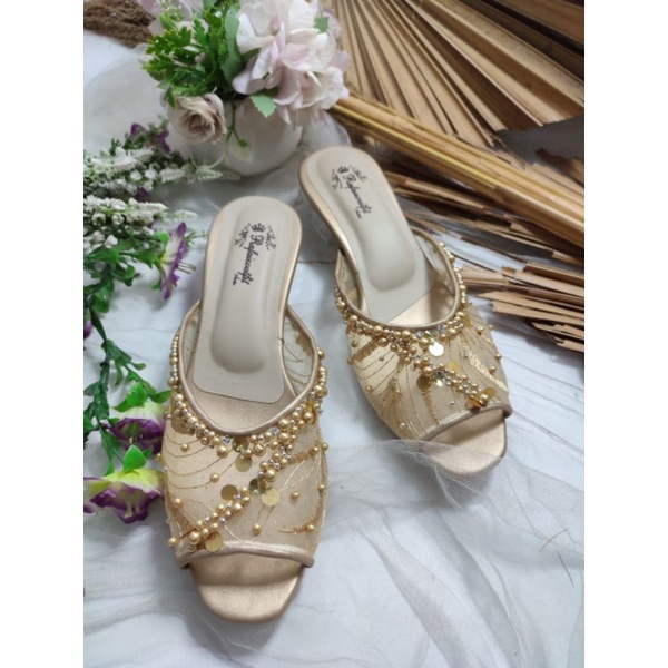 sepatu wedding reista gold 3cm kaca