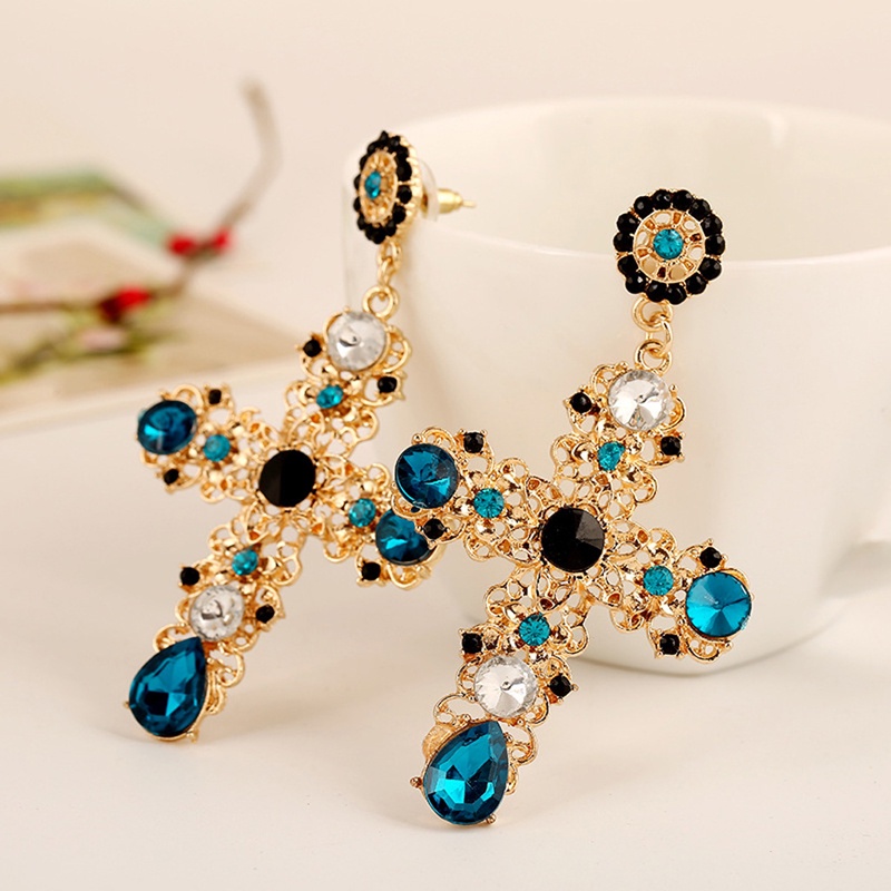 SIY  Elegant Cross Boho Women Lady Rhinestone Dangle Drop Rhinestone Ear Stud Earring