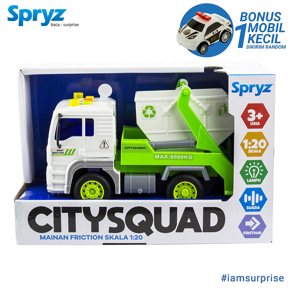 Spryz Citysquad Mainan Truk Bak Daur Ulang 1:20 dengan Mesin Friction, Lampu &amp; Suara