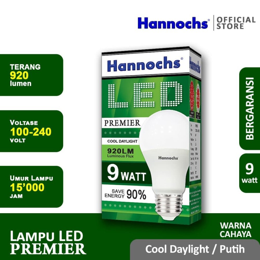 HANNOCHS PREMIER 9 WATT - Bola Lampu LED E27 9 Watt - Garansi 1 Tahun