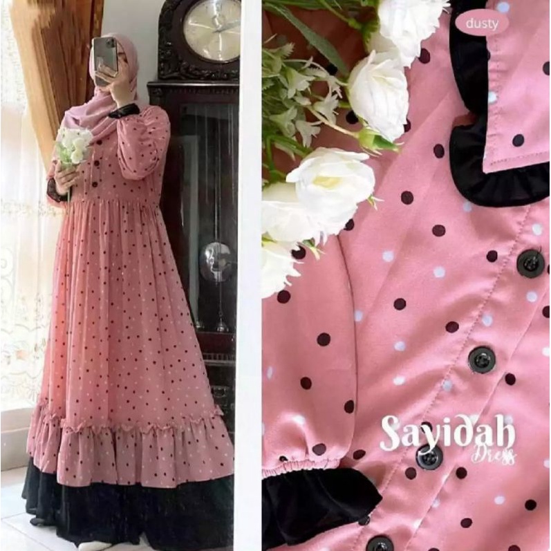Sayidah Dress Muslim Ceruty Babydool Full Furing Polkadot Gamis Muslimah Kekinian 2021-1