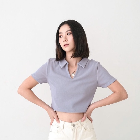 [TAVIA] JIRO KNIT POLO / BAJU CROP WANITA / KAOS CROP WANITA-Light Lilac