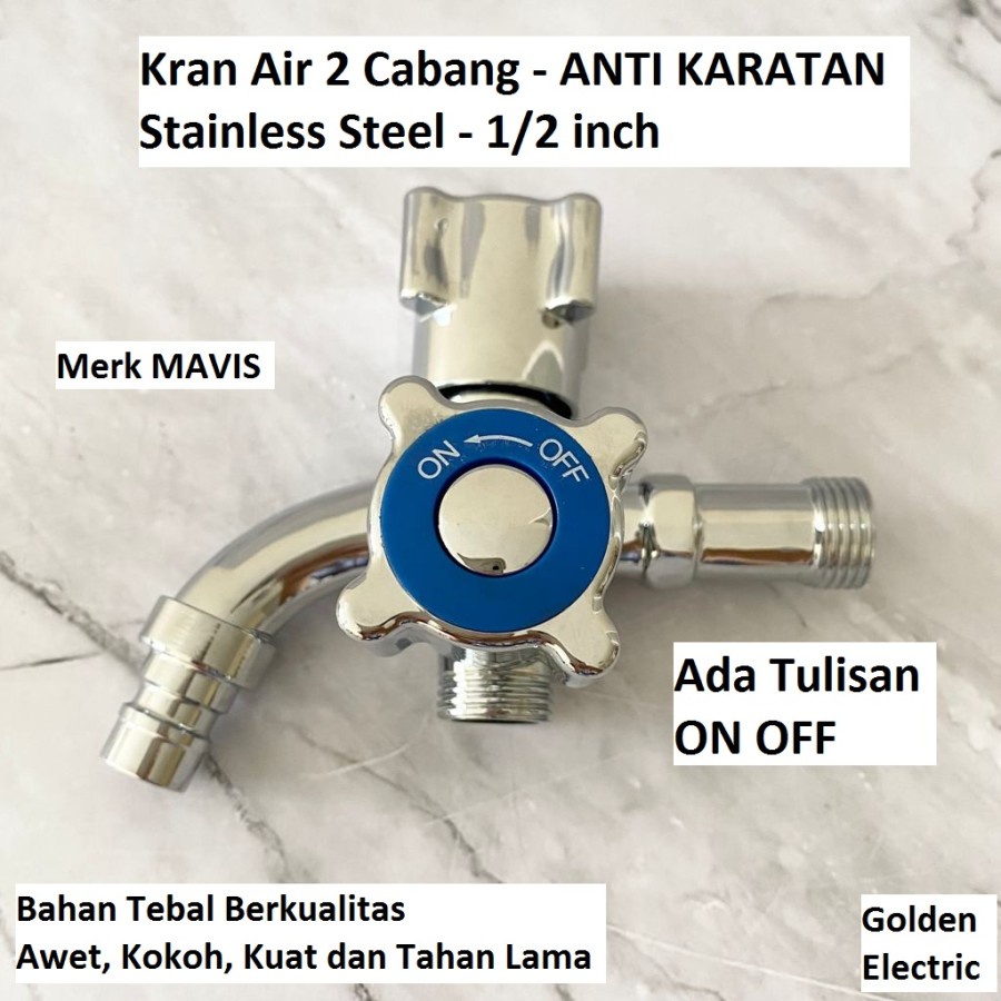 Kran Keran Air Tembok 2 Cabang Stainless Steel 1/2 inch 1/2&quot; ON OFF
