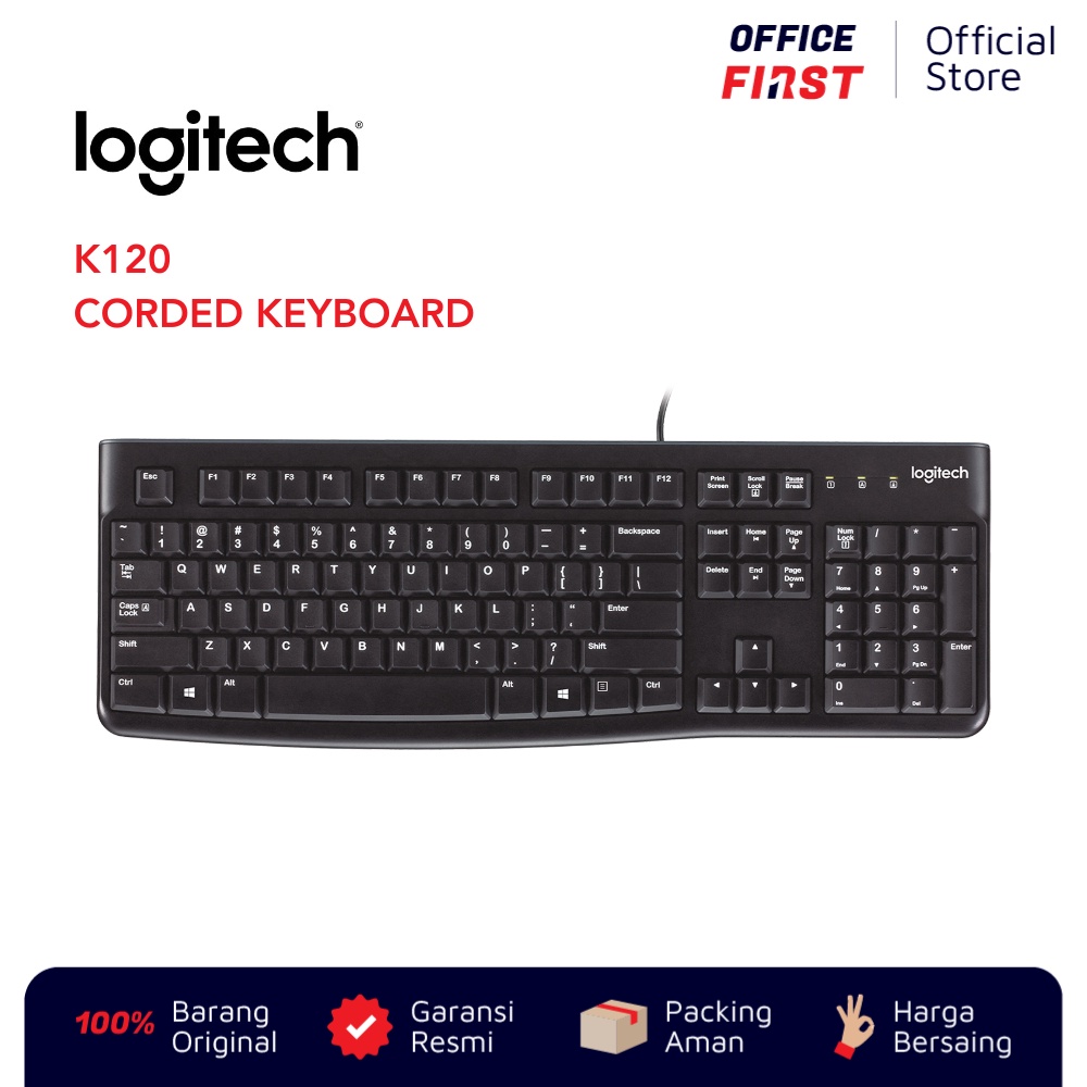 Logitech K120 Corded Keyboard / Wired Kabel USB Original Garansi Resmi