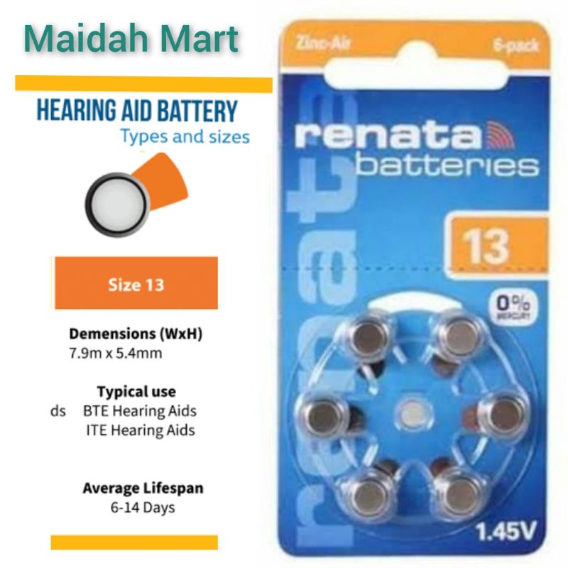 Baterai A13 / AG5 / LR754 / PR48/ LR754H Hearing Aid Battery Tersedia Merk Renata PowerOne dan Zenipower Baterei Spesialis Alat Bantu Dengar