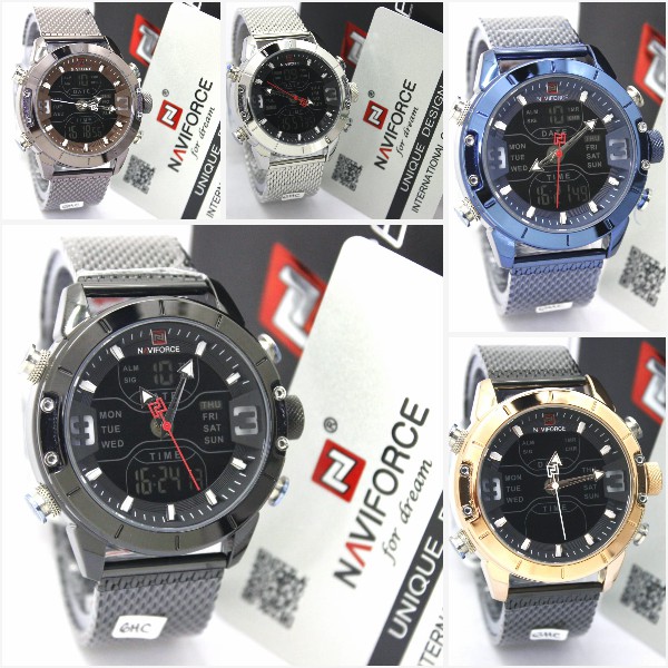 Jam Tangan Pria Naviforce NF9153M Dual Time Original Stainless Steel Rantai Pasir