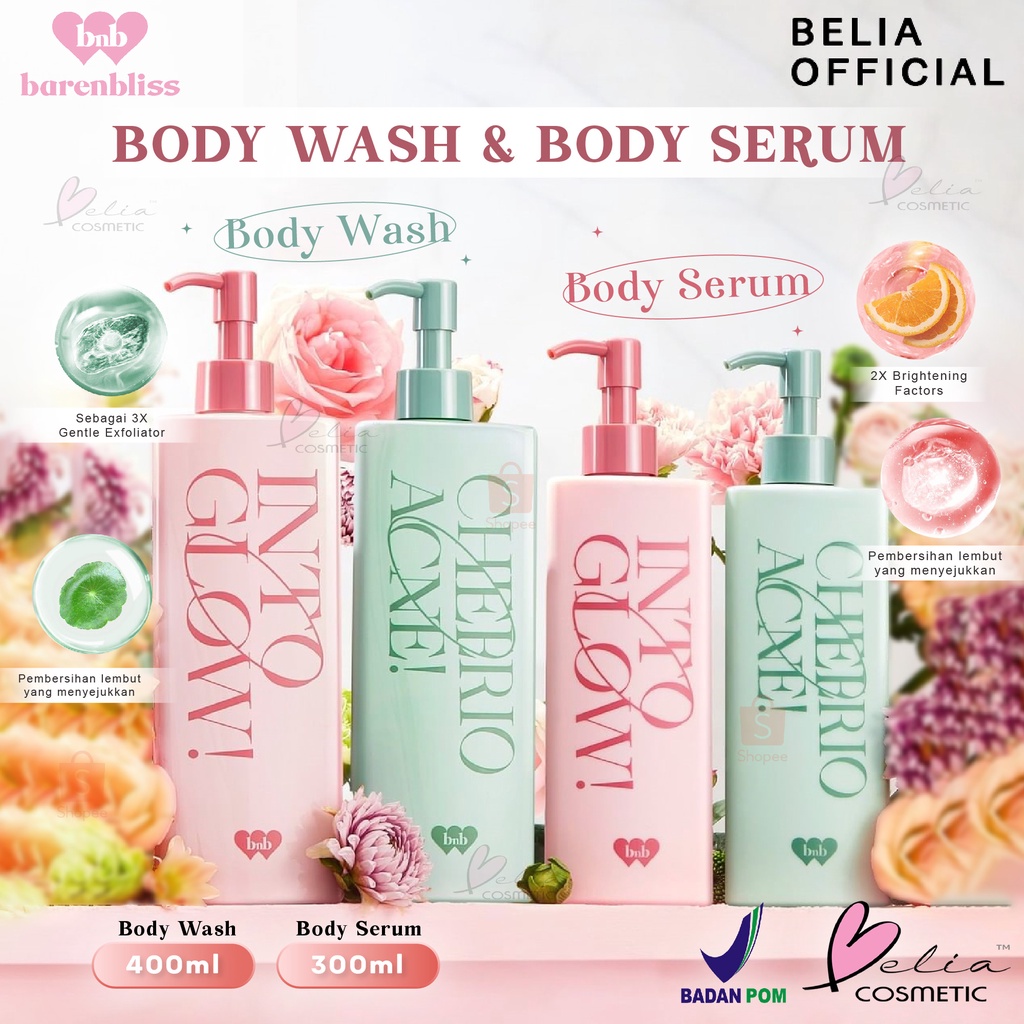 ❤ BELIA ❤ BNB Barenbliss Brightening &amp; Calming Body Wash 400 ml &amp; Body Serum 300 ml - Sabun Mandi Cair | BPOM