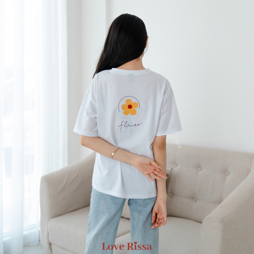 Kaos Tshirt Flower Comfy Oversized Korea Baju Wanita Lengan Pendek Love Rissa