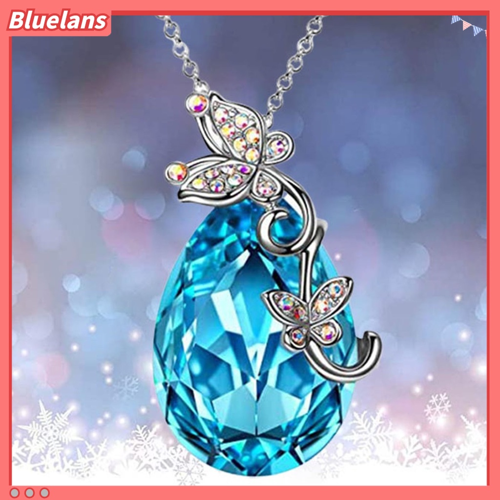 Kalung Rantai Desain Butterfly Waterdrop Aksen Kristal Imitasi Warna Biru Bahan Silver Plated Untuk Wanita