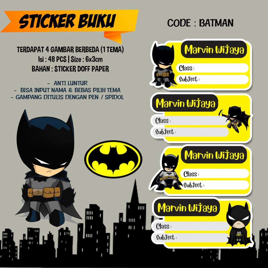 

Sticker / Stiker Buku Custom Nama Karakter Tema Batman