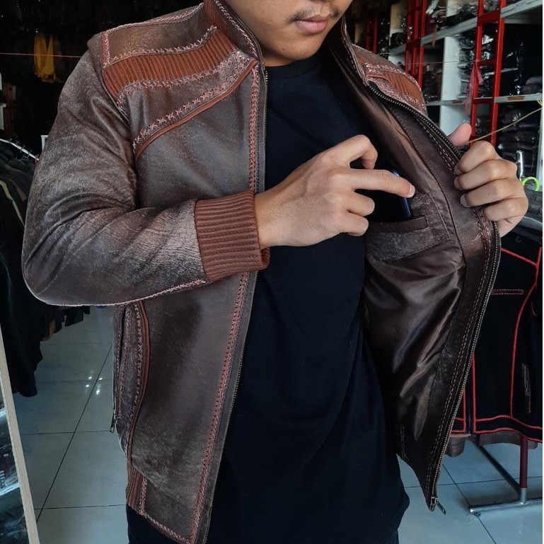 Jaket Kulit Domba Asli Pria Sulam Wast Elegant Brownie 033 Ariel Noah