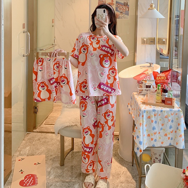 Baru set Baju Tidur Wanita Dewasa Oversize Piyama Bahan Kaos Celana Panjang & Pendek Setelan Baju Tidur 3IN1 Setelan Piyama-Bear Lotso