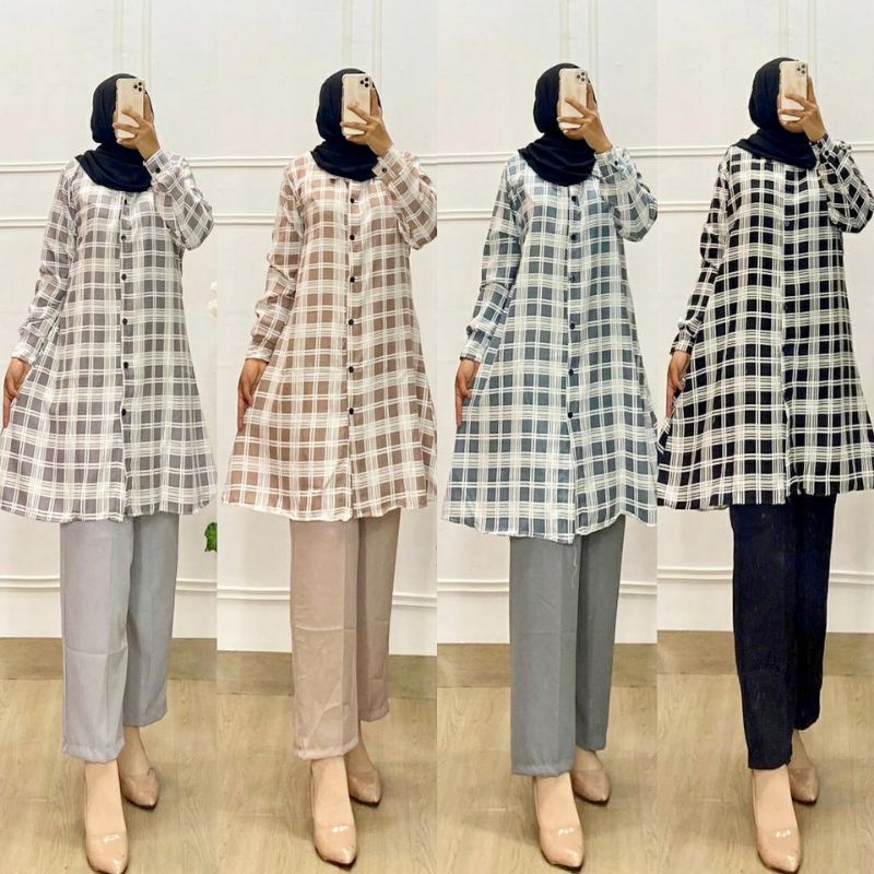 (Bisa COD) Setelan Tunik Kemeja Shakila Premium Terbaru/Oneset Wanita Katun Syakila/Setcel Tunik Ter