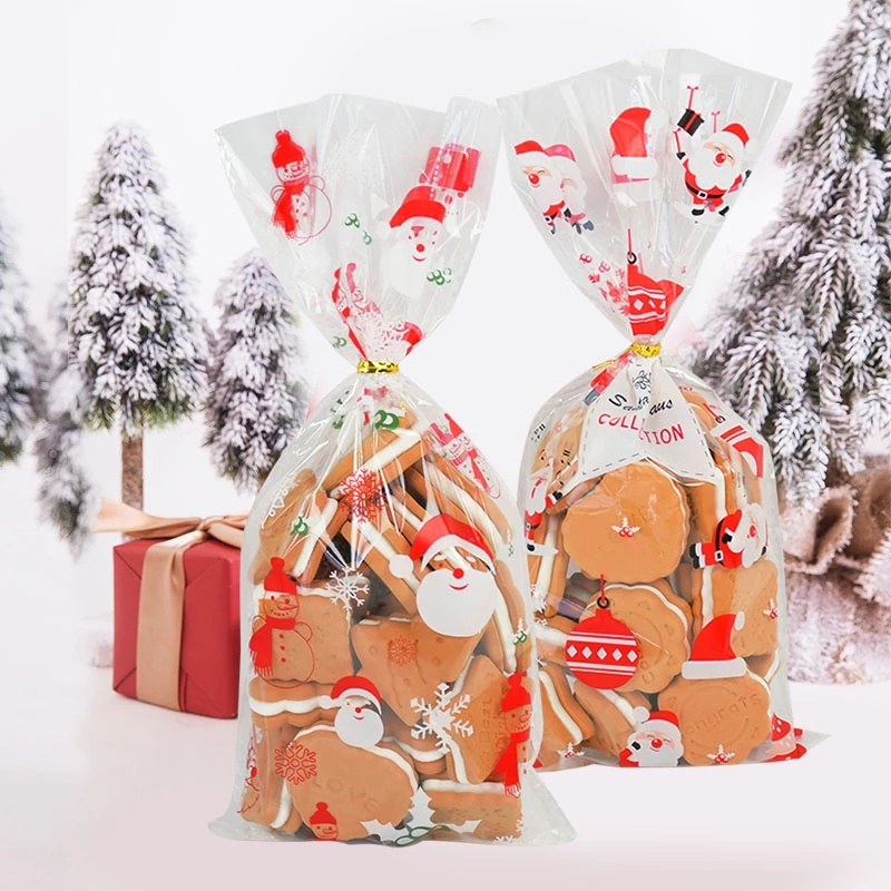 50pcs/bag Clear PVC  Cartoon Santa Claus Print Candy  Bags For Festival Party Gift