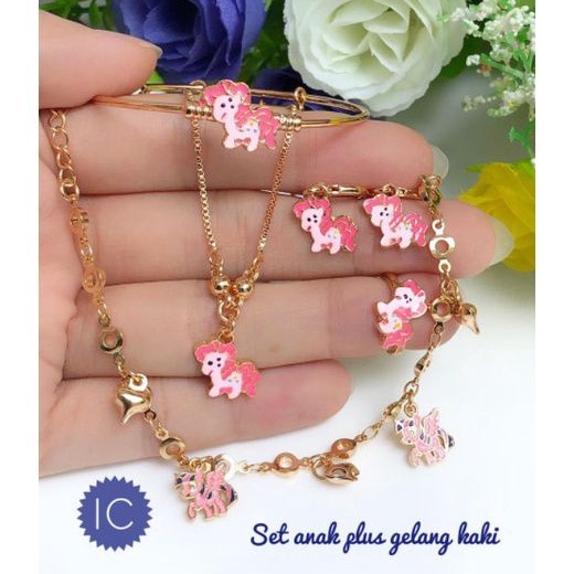 JUN Set Perhiasan Lapis Emas ANAK Xuping Gelang Tangan Kaki Cincin Anting Kalung Kuda Poni Titanium