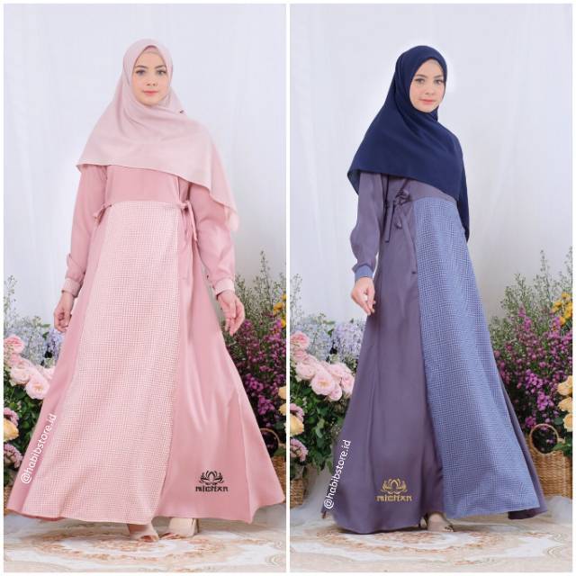 Arabian Dress Michan Original - Blush Pink Grey Khimar Square Navy - Gamis Polos Renda Cantik