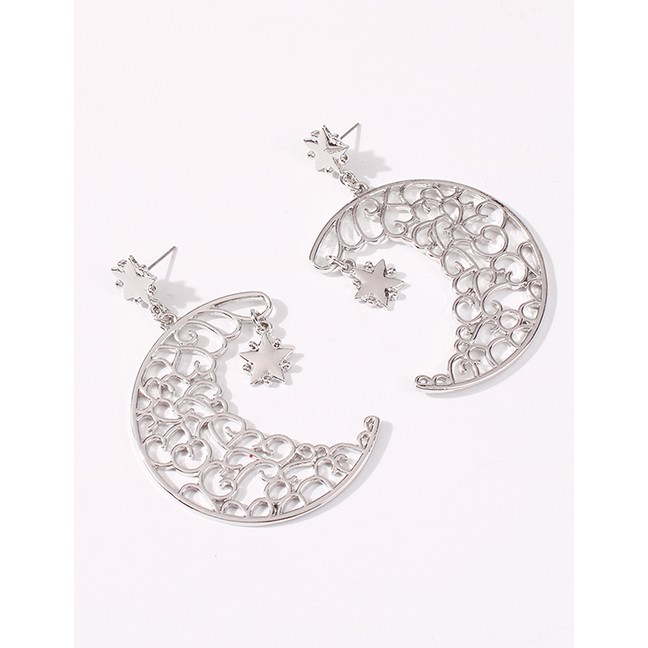 LRC Anting Tusuk Fashion Pentagram Moon Hollow Alloy Earrings K25891