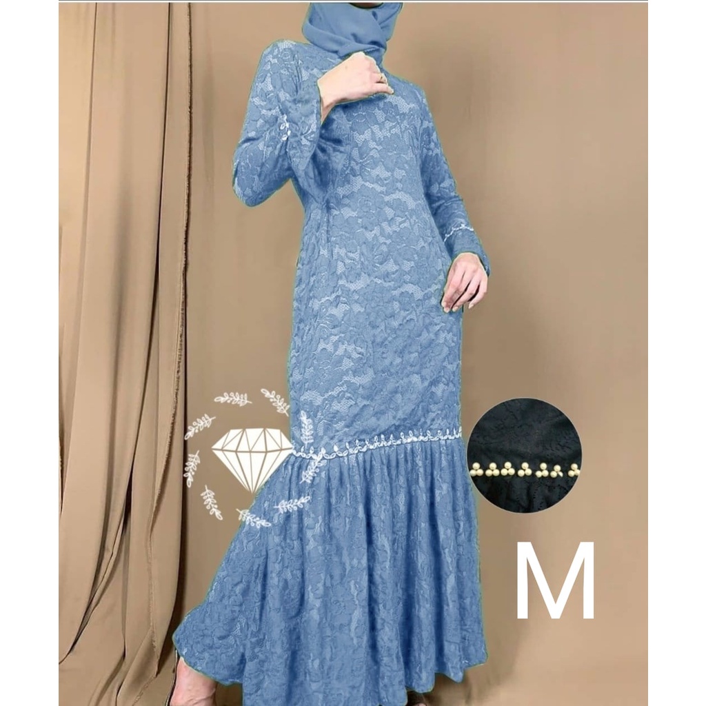 PCS MAXY NURHALIZA DUYUNG MUTIARA BRUKAT FASHION PAKAIAN WANITA DRESS GAMIS MAXI 5 UKURAN M L XL XXL 3XL MS ADA VIDEO REVIEW ASLI PRODUK-Biru M