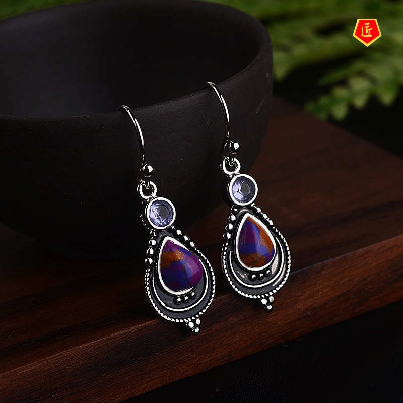 [Ready Stock]Vintage Silver Charoite Earrings Female Fashion Purple Turquoise