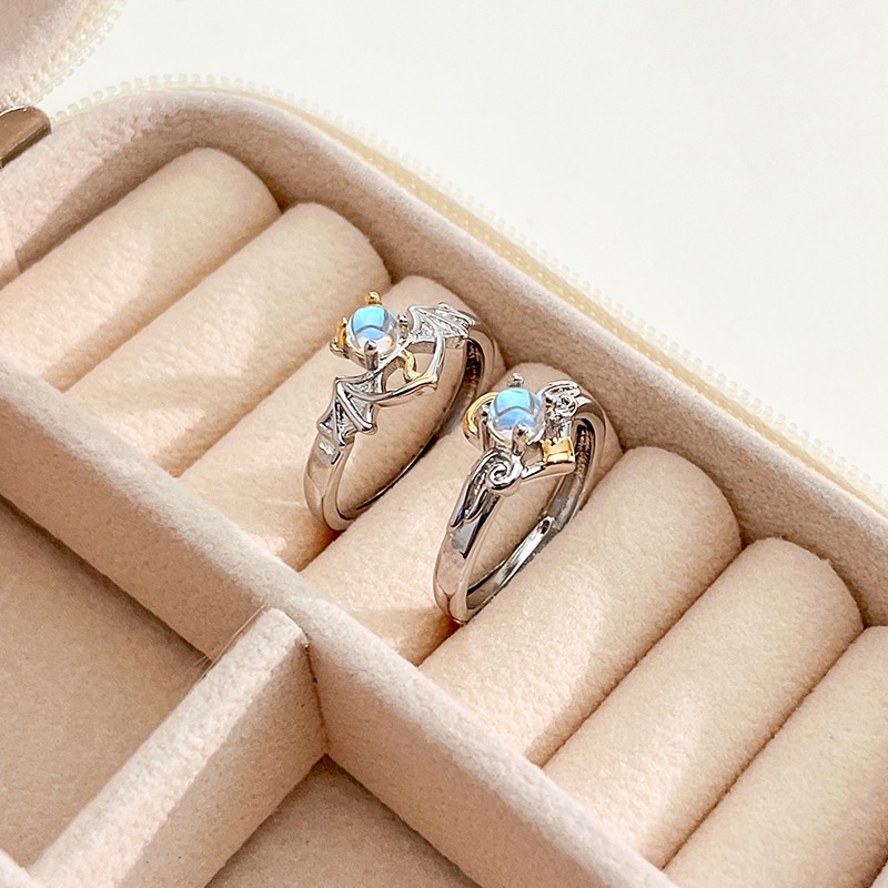 COD❤️Perhiasan Cincin Pasangan Perak Fashion Korea Biru Moonstone Malaikat Setan-A.one