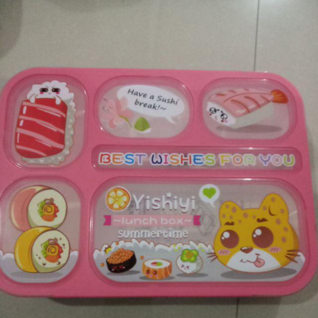 Item 589 Lunch Box Kotak Makan Yooyee Kotak Bekal Sekat 6 Anti Bocor - Merah Muda