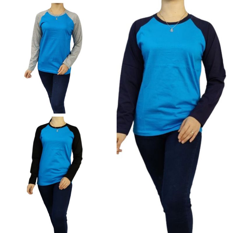 Kaos Polos Raglan Lengan Panjang Pria Wanita Dewasa Warna Biru Turkish