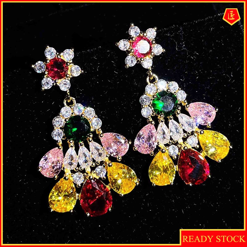 [Ready Stock]Light Luxury Long Fashion Retro Colored Gems Earrings