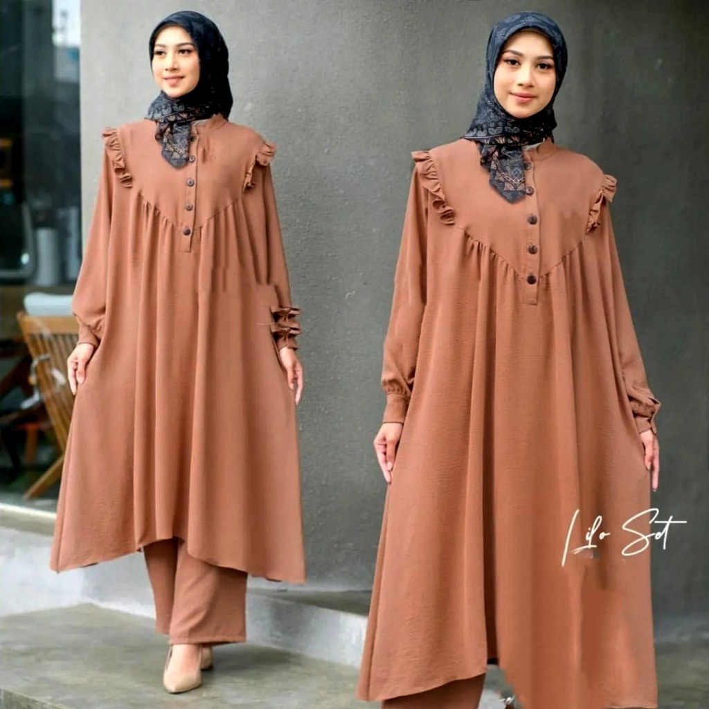 Lilo Set 2in1 Bahan Crinkle / Setelan Wanita Terbaru Matt Crinkle / Tunik + Celana / Fashion Kekinian / Terlaris