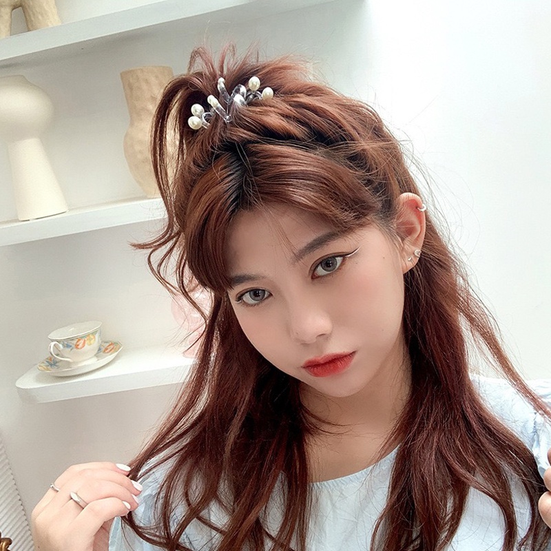 Ikat Rambut Spiral Elastis Dengan Aksen Manik Mutiara - Ikat Rambut Spiral Wanita