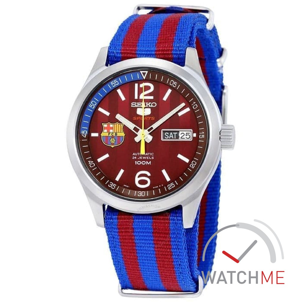 Jam Tangan Seiko 5 SRP305K1 Automatic Sport Barcelona Blue Red Brown 100m Canvas Original Bergaransi