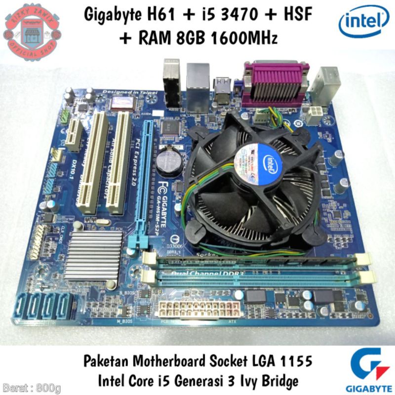 Jual Paketan Mobo Gigabyte H61 + I5 3470 + RAM 8GB 1600MHz DDR3 + HSF ...