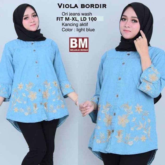 baju wanita viola bordir bunga jeans wash original best seller