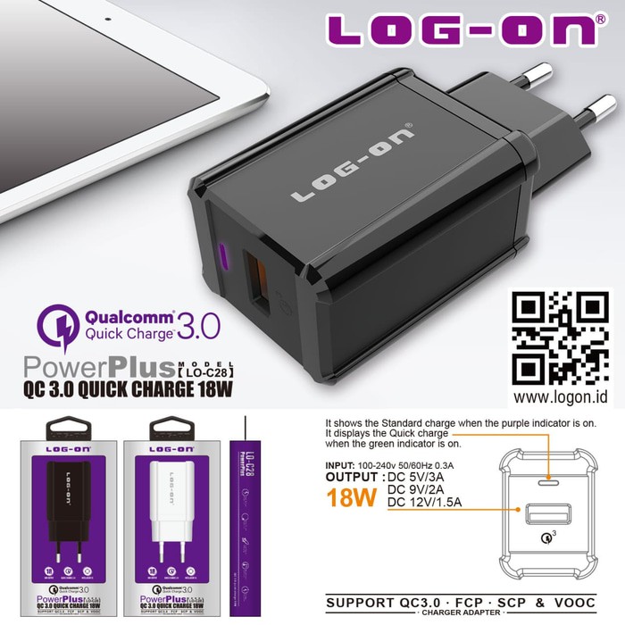 CASAN - CHARGER LO-C28 POWERPLUS QUALCOM 3.0 - 1 USB PORT ORIGINAL LOGON - FAST CHARGING