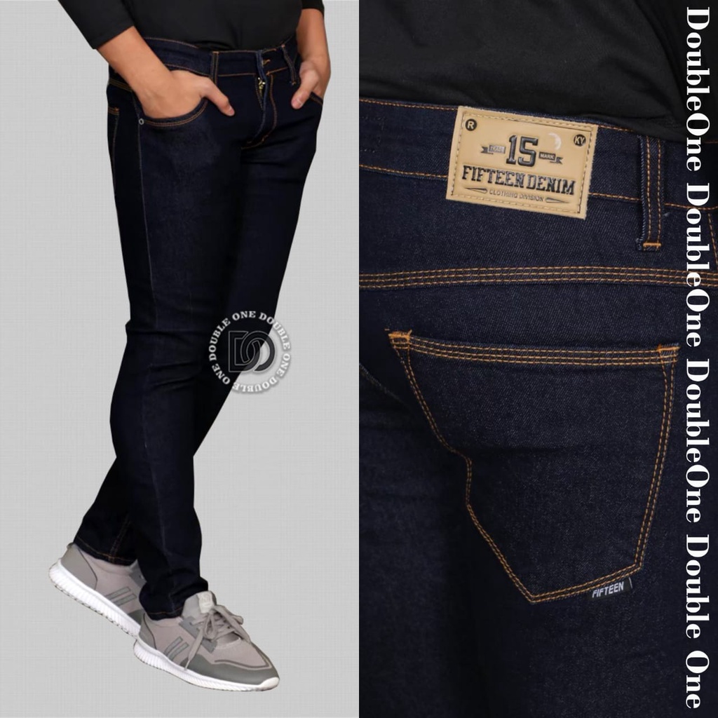 DOUBLE ONE Celana Jeans Panjang Pria Slim Fit Original FIFTEEN DENIM Navy Blue