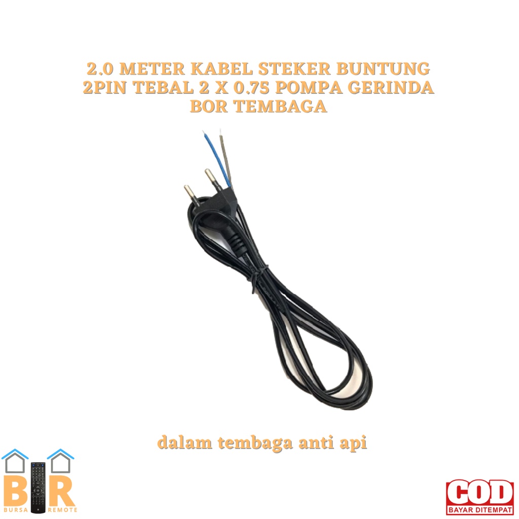 Kabel Steker Buntung 2PIN TEBAL 2 X 0.75 Pompa Gerinda Bor Tembaga anti api isi tembaga