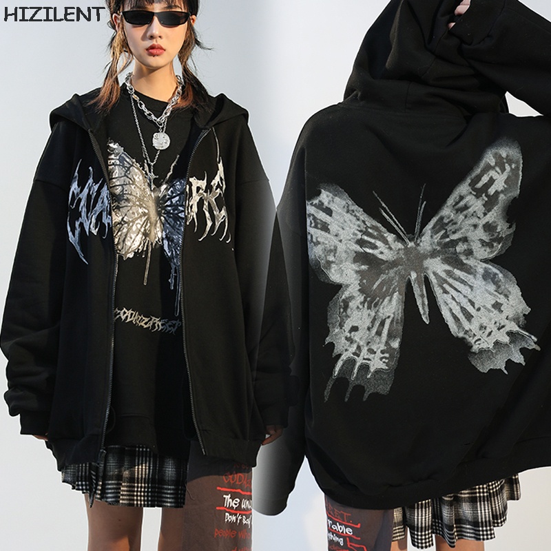 Women Hip Hop Streetwear Hoodies Women Jacket butterfly Print Coat Goth Harajuku Y2k aesthetic Cloth