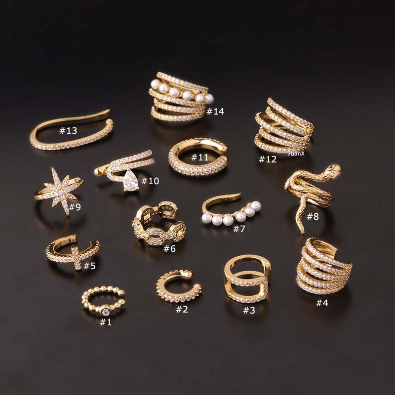 1pc Anting Tusuk Tanpa Tindik Bahan Tembaga Warna Gold Hias Zircon Adjustable Untuk Wanita