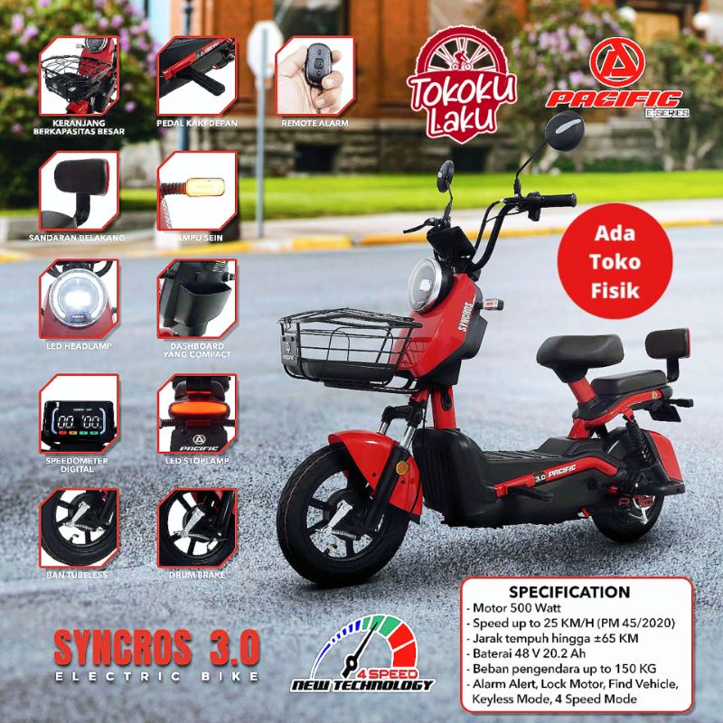 SEPEDA LISTRIK PACIFIC SYNCROS 3.0 EBIKE ELECTRIC BIKE BIRU PUTIH HIJAU MERAH 500 WATT