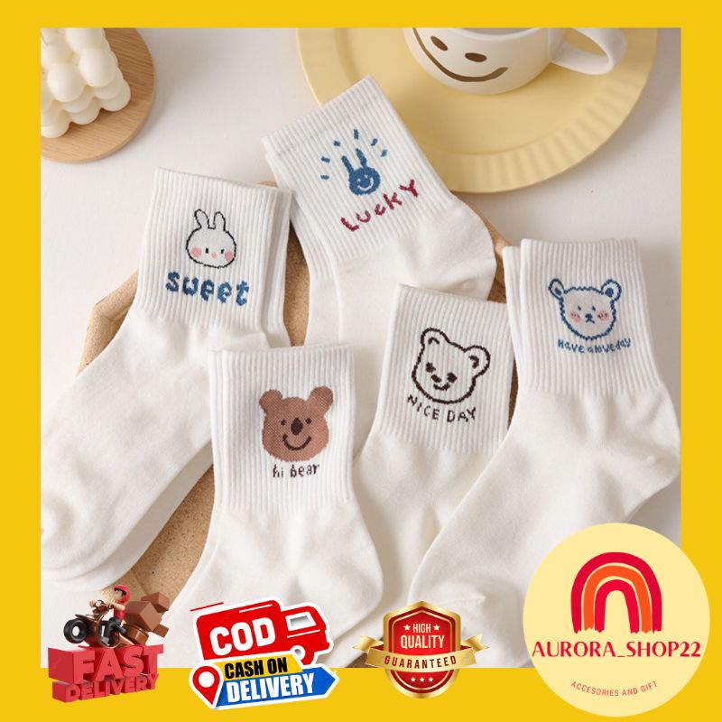 [COD] Kaos Kaki Putih Panjang Import Motif Boneka Lucu Cute Kaos Kaki Wanita Import Tebal Premium