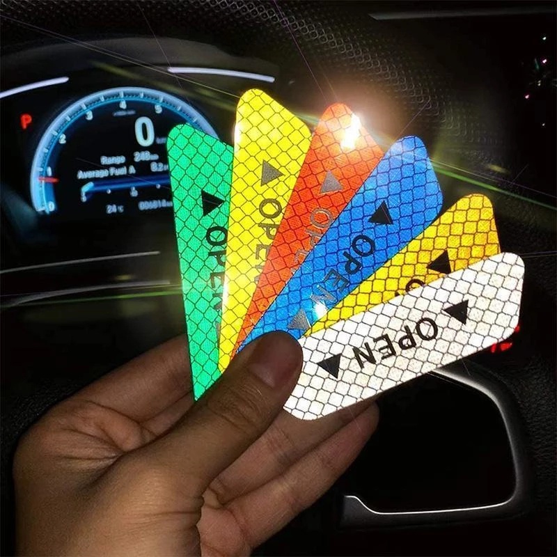 4pcs Mobil Buka Kaset Peringatan Reflektif Malam Stiker Peringatan Reflektif Tinggi prompt Stiker Pintu Mobil Aksesoris Eksterior DIY Stiker