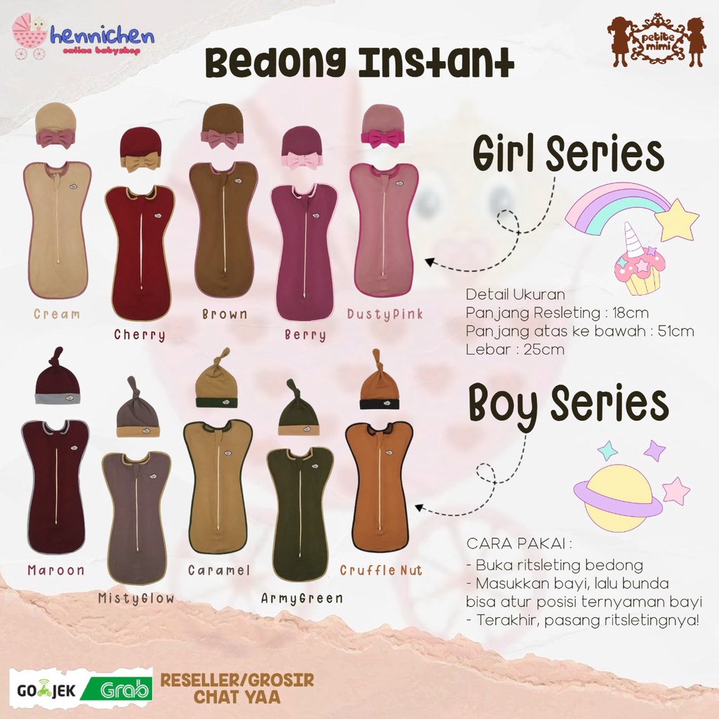 BONUS TOPI Petite Mimi - Bedong Instant Swaddle and Baby Hat Set