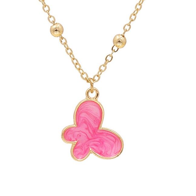 LRC Kalung Fashion 10376 Pink Dripping Oil Bead Butterfly Alloy Necklace