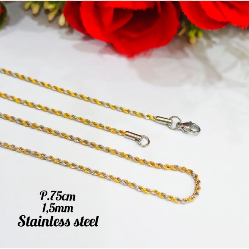 Kalung Tambang  kombinasi TITANIUM UK.75cm 1,5mm pria perhiasan Anti Karat&amp;Anti Luntur