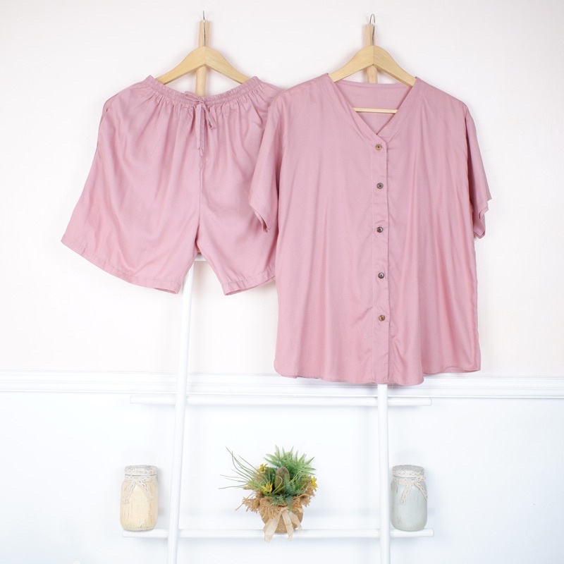HRP Setelan Baju Tidur Wanita Polos Tangan Pendek Celana Pendek Rayon Kekinian Piyama Piama Wanita O