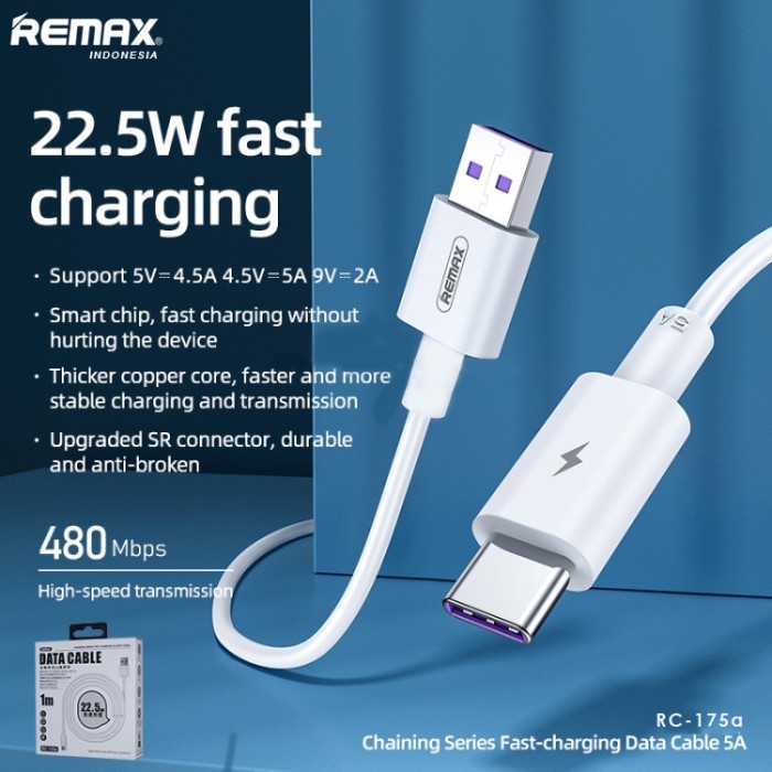 Remax Rc 175a USB Type C Chaining PD Fast Charging Data 22.5W 5A Cable Kabel